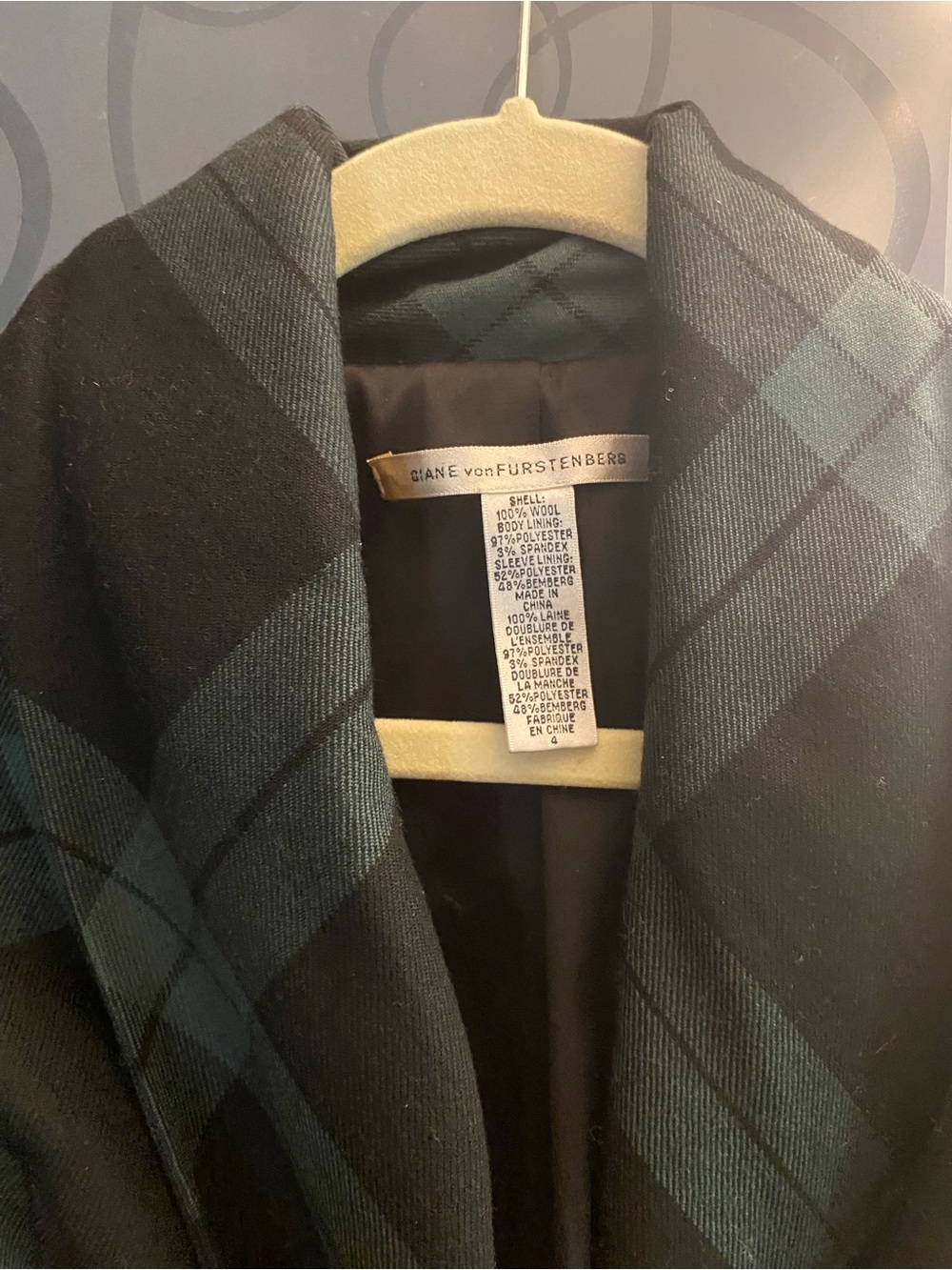Diane von Furstenberg Black and Green Plaid Wool Cape Coat